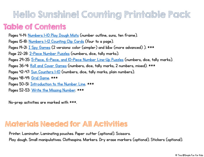 This Hello Sunshine! Counting Printable Pack contains 10 different activities for learning and practicing counting at different skill levels for toddlers and preschoolers with play dough mats, games, clip cards, puzzles, and more. Includes numbers, dice, and tally mark versions.