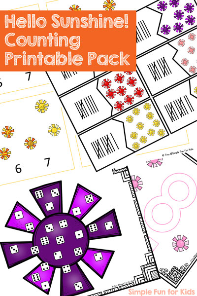 This Hello Sunshine! Counting Printable Pack contains 10 different activities for learning and practicing counting at different skill levels for toddlers and preschoolers with play dough mats, games, clip cards, puzzles, and more. Includes numbers, dice, and tally mark versions.