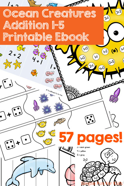 Once your kids have counting down pat, it's time to delve into addition. This Ocean Creatures Addition Printable Ebook includes ten different addition activities perfect for math centers for kindergarten or to play with at home.
