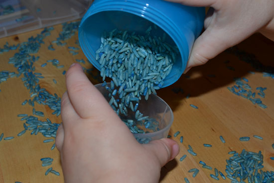 We had lots of fun and spent a lot of time exploring a simple Blue Rice Sensory Tub!
