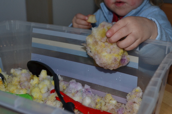 Why not bring some snow inside and make a snow sensory tub for fun sensory play without having to wear warm clothes?