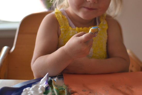Extending a craft E loves with free exploration of shaving cream and liquid watercolors..