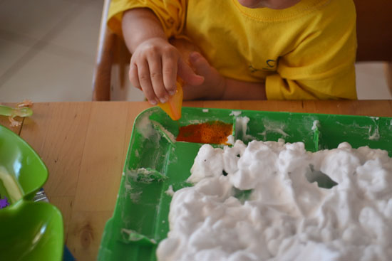 Fun with E's take on my invitation to play with the shaving cream tray!