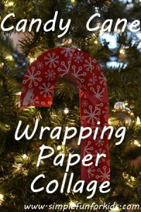 For Christmas, make a quick, simple, low mess wrapping paper collage shaped like a candy cane!