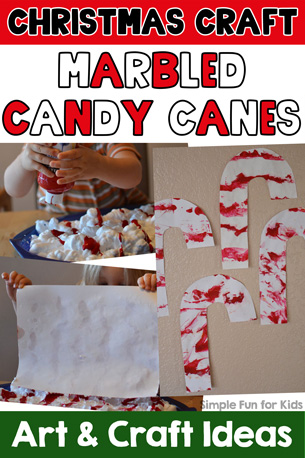 Make a simple paper marbled candy canes craft that smells delicious with preschoolers and kindergarteners! Shaving cream, paint, paper, and peppermint extract are the only materials.