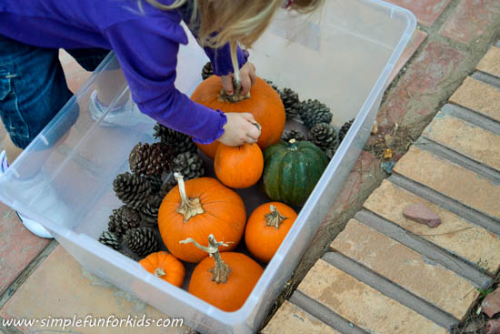 Fall gross motor play with pine cones and pumpkins!