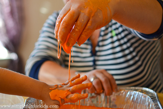This fall sensory bin had it all: Goop, shaving cream, colored rice, baking soda and vinegar, and more!