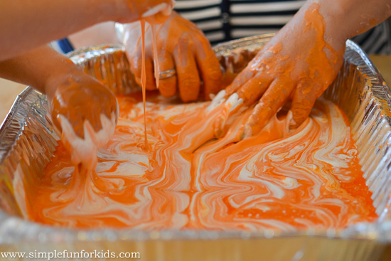 This fall sensory bin had it all: Goop, shaving cream, colored rice, baking soda and vinegar, and more!