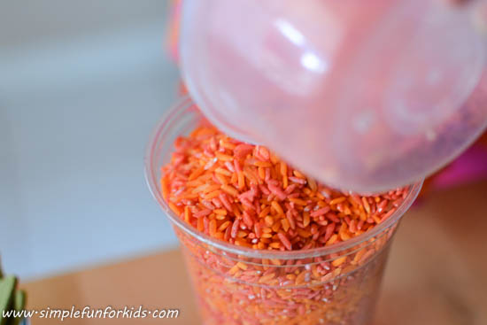 Lots of fun with a simple and pretty fall rice sensory bin!