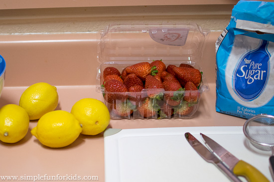 Make strawberry lemonade with kids:  Use whole foods, have fun in the kitchen, and enjoy a yummy refreshment!