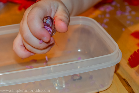 Simple rice-based Valentine's sensory bin with photos of loved ones for toddlers!