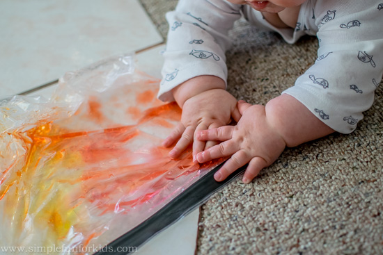 Simple color mixing for babies in a squishy sensory bag!