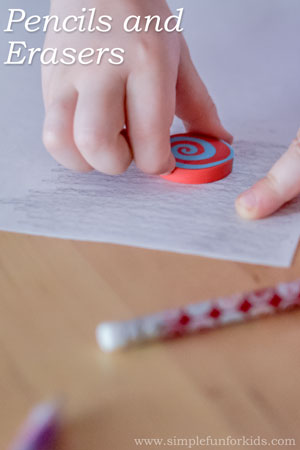 Super simple activity exploring pencils and erasers.