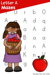 Practice recognition of letter a with these cute printable apple-themed Letter A Mazes! Includes upper case, lower case, and mixed case versions for preschool and kindergarten.