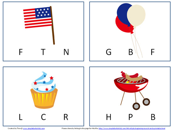 Literacy Printables for Kids: Practice letter sounds with 4th of July beginning sound cards!