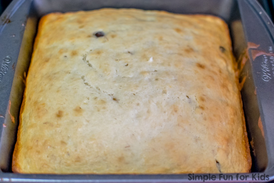 Baking with Kids: Try this simple Banana Chocolate Chip Cake! Perfect for using up overripe bananas, no mixer required, and it's delicious, too!