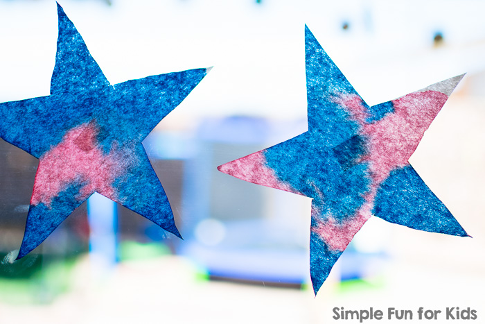 Crafts for Kids: Red, white, and blue coffee filter stars only take minutes to make, and they make great patriotic decorations! (Free template included!)