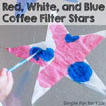 Crafts for Kids: Red, white, and blue coffee filter stars only take minutes to make, and they make great patriotic decorations! (Free template included!)