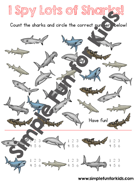 Celebrate shark week (or any week!) with this printable Shark I Spy game! Great for counting practice, 1:1 correspondence, visual discrimination, and just for fun.