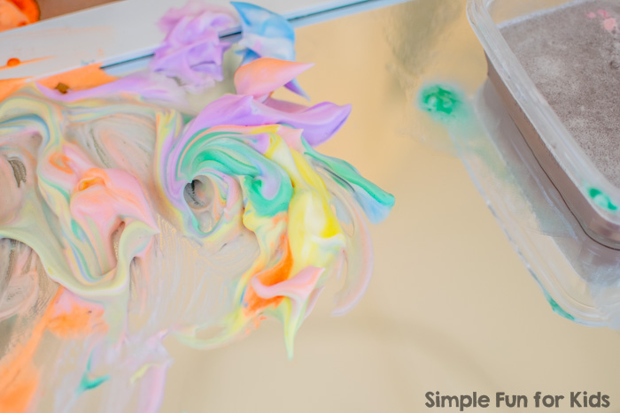 Sensory Art with Rainbow Shaving Cream Paint on the Mirror!