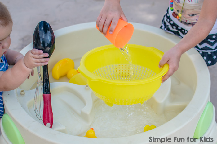 Fun for kids of all ages with a simple yellow sensory soup with rubber ducks - water play is always a hit around here!