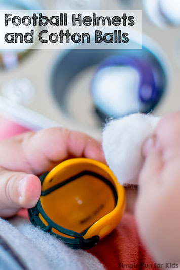 Quick and simple sensory play for toddlers with mini football helmets and cotton balls in a muffin tin!
