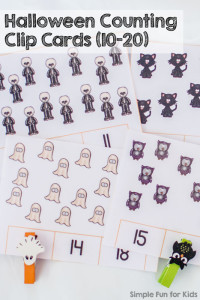 Printables for Kids: Practice counting and fine motor skills with these cute Halloween Counting Clip Cards (10-20)! Perfect for kindergarten and first grade math centers.