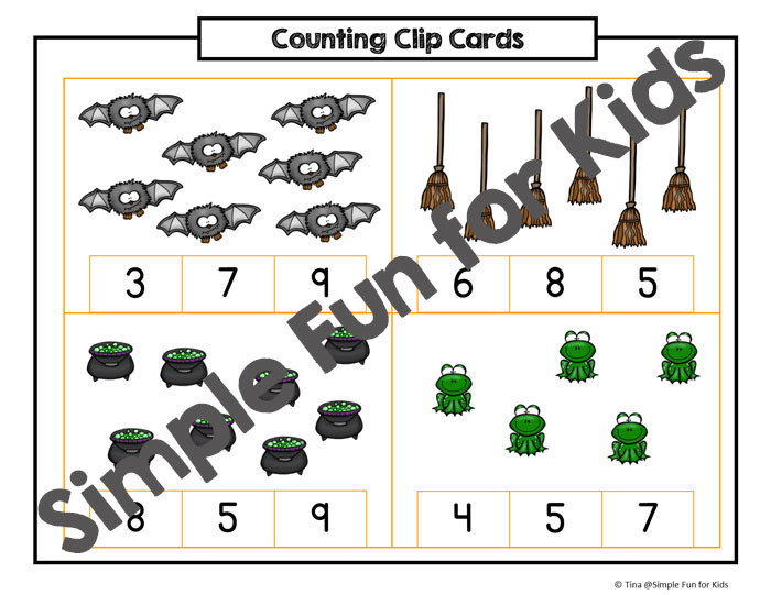Printables for Kids: Practice counting and fine motor skills with these cute Halloween Counting Clip Cards (5-10) for preschoolers and kindergarteners!