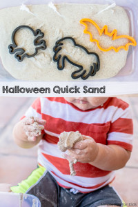 Simple messy sensory play with Halloween quick sand for toddlers!