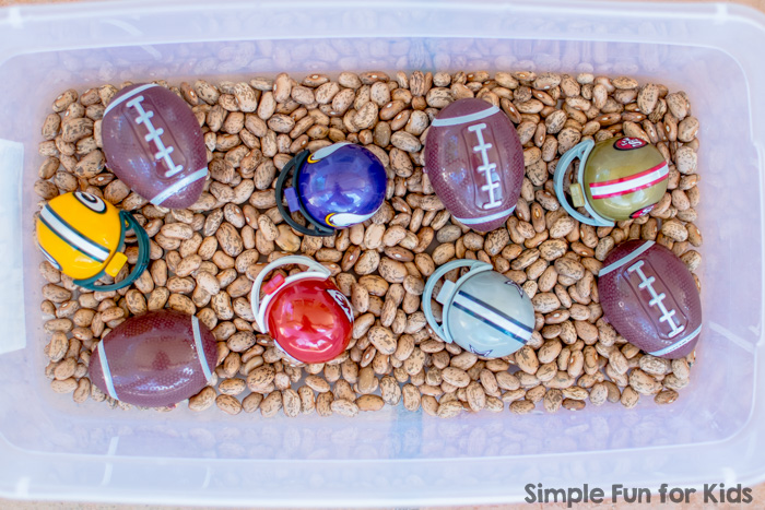 Sensory Activities for Toddlers: Simple football sensory bin with beans!