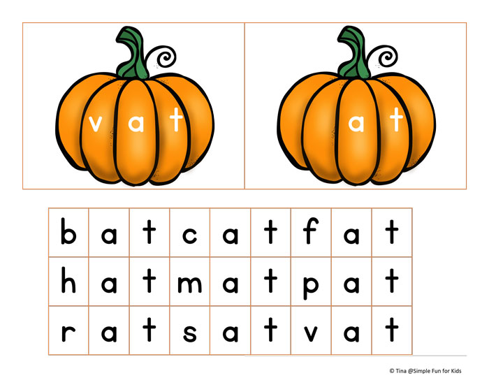 Hands on practice for sounding out words with -at Family CVC Word Pumpkins - several ways to play!