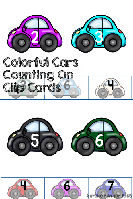Free Math Printables for Kids: Colorful Cars Counting On Clip Cards for preschoolers and kindergartners.