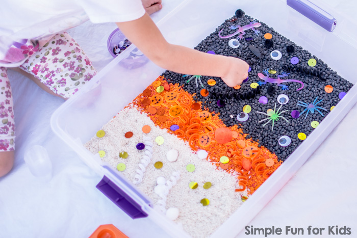 This beautiful Halloween Sensory Bin with rice and beans wasn't meant as a sibling activity, but it turned out to be great fun for both my preschooler and my toddler!