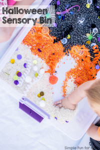 This beautiful Halloween Sensory Bin with rice and beans wasn't meant as a sibling activity, but it turned out to be great fun for both my preschooler and my toddler!