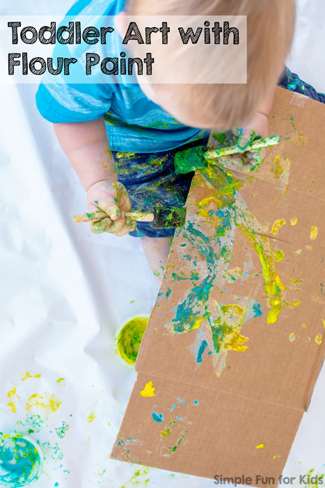 My toddler's first art project with super simple, taste-safe, and vibrant homemade flour paint!