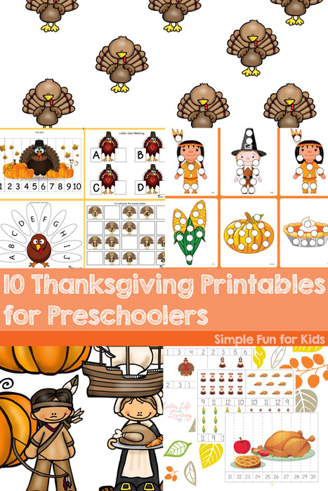 Do them in the weeks leading up to Thanksgiving, or even on the big day to keep the little ones busy: 10 Thanksgiving Printables for Preschoolers