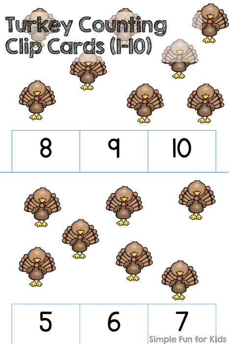 Is your preschooler learning to count to 10? These cute Turkey Counting Clip Cards (1-10) are great for reviewing - in November or any other month!