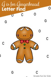24 Days of Christmas Printables - Day 22: Reinforce letter recognition with this G is for Gingerbread letter find printable for toddlers, preschoolers, and kindergartners!