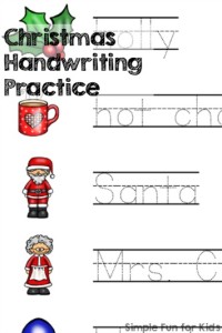 24 Days of Christmas Printables - Day 21: Trace Christmas words and work on literacy and handwriting with this cute Christmas Handwriting Practice printable! Perfect for preschoolers and kindergartners.