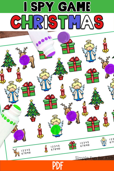 Pinnable image for no-prep printable Christmas I Spy game.  Shows the game on top of a wooden table with a green and a purple dot marker. At the top, it says "I Spy Game" on top of a green banner with "Christmas" in red, green, blue, and white letters underneath. At the bottom, there's a Simple Fun for Kids watermark in black and an orange banner that says "PDF".