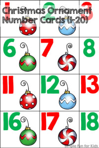 24 Days of Christmas Printables - Day 6: Christmas Ornament Number Cards (1-20) help kids work on spotting number patterns, counting, number order, etc.! Perfect for toddlers, preschoolers, and kindergartners!