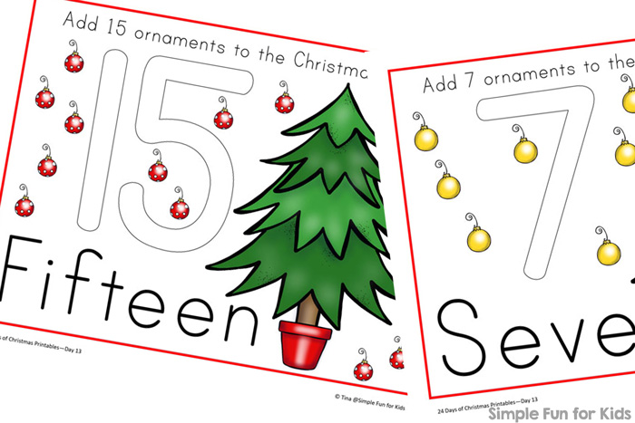 24 Days of Christmas Printables: Make learning numbers more fun and add a sensory component when decorating these Christmas tree counting play dough mats! Perfect for toddlers, preschoolers, and kindergartners!