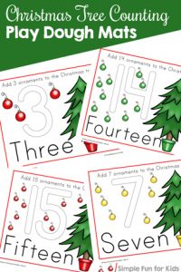 24 Days of Christmas Printables: Make learning numbers more fun and add a sensory component when decorating these Christmas tree counting play dough mats! Perfect for toddlers, preschoolers, and kindergartners!