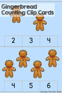 24 Days of Christmas Printables - Day 18: Practice counting and fine motor skills with these cute Gingerbread Counting Clip Cards! Great for preschoolers and kindergartners!