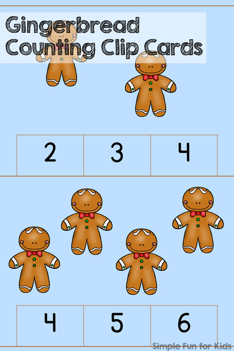 24 Days of Christmas Printables - Day 18: Practice counting and fine motor skills with these cute Gingerbread Counting Clip Cards! Great for preschoolers and kindergartners!