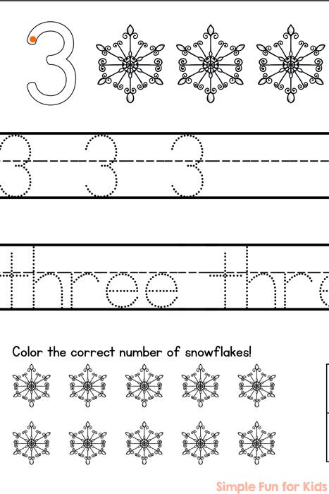Working on writing numbers? This printable will help! Trace and write numbers and number words 1-5, color the snowflakes, and use a ten frame! Great for preschoolers and kindergartners!