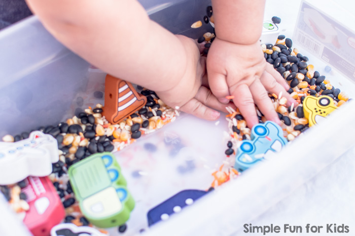 Sensory Activities for Toddlers: Does your toddler love discovering new materials? Try a simple transportation sensory bin that's quick and easy to set up and offers so much to explore!