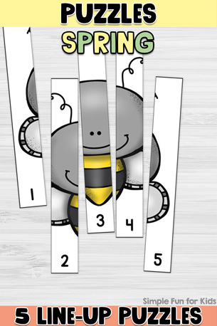 Featured image for printable spring puzzles. It has a yellow banner at the top with puzzles in black on it and the word spring in pastel colors underneath. A 5-piece line-up puzzle of a bee is shown underneath on top of a white desktop. At the bottom is a banner that says 5 Line-Up Puzzles below a Simple Fun for Kids watermark.