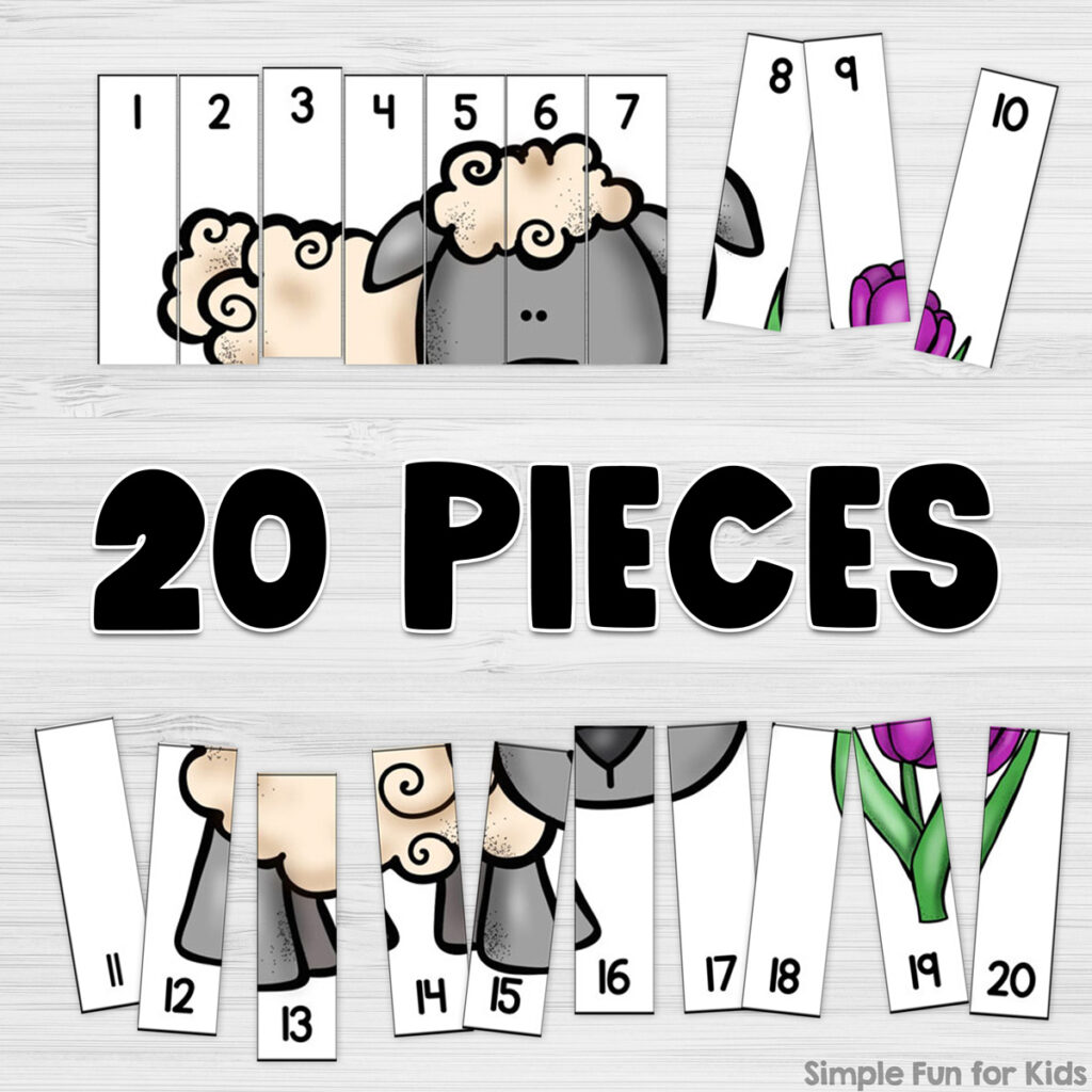 Picture of a 20-piece puzzle showing a sheep and a tulip on top of a white desktop with the words "20 pieces" in between the puzzle pieces.