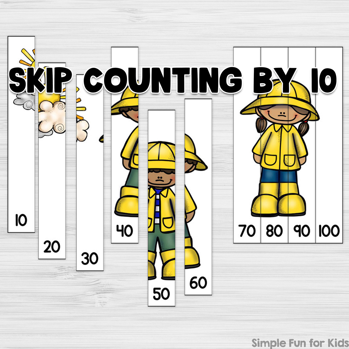 A picture of a 10-piece skip counting puzzle with kids dressed for the rain. The puzzle is on top of a white desktop with the words "Skip counting by 10" overlayed.